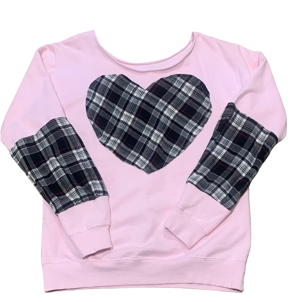Handmade Pink Sweatshirt with Plaid Heart and Elbow Patches in box 24